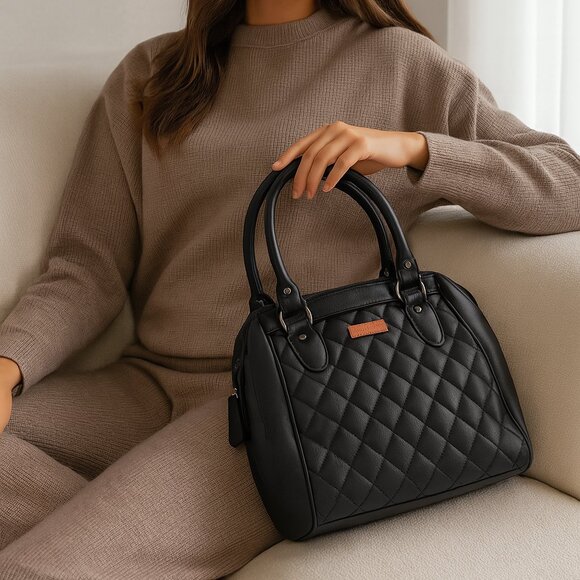 Vegan Leather Women’s Black Handbag – Top Handle Satchel with Crossbody Strap - Picture 2 of 10